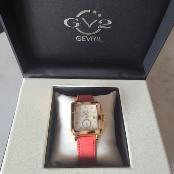GV2 Gevril Bari Tortoise Diamond Watch, Red Suede Strap, NWT - Picture 7 of 16